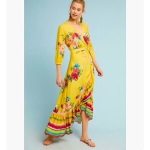 Farm Rio x Anthropologie Floral Yellow Wrap Dress